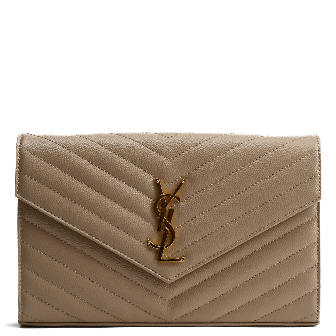 SAINT LAURENT Cassandre Envelope Chain Wallet - Dark Beige