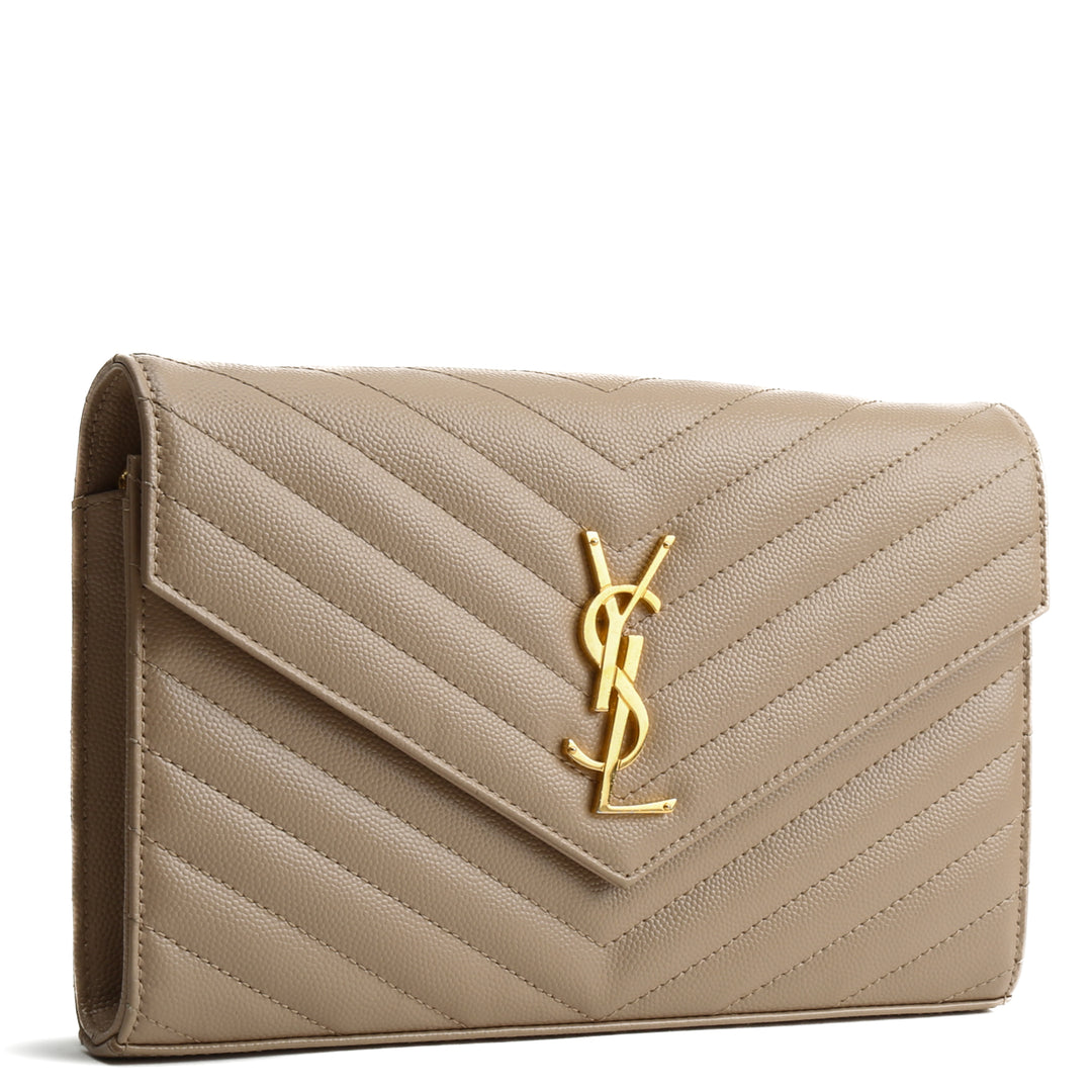 SAINT LAURENT Cassandre Envelope Chain Wallet - Dark Beige