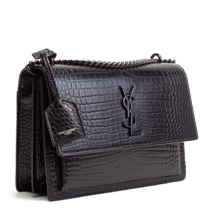 Saint Laurent Croc en relieve Bolso de hombro de Sunset Medium - Negro